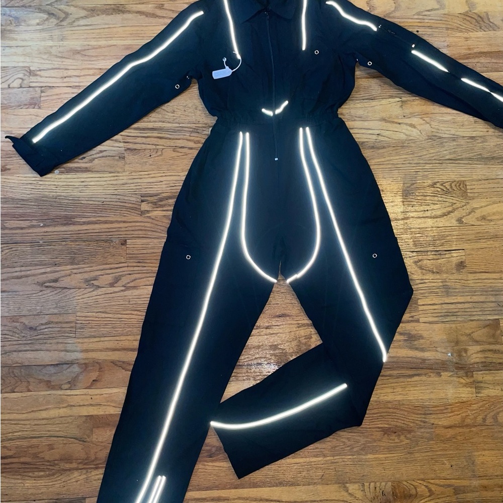 Black Reflective Jumpsuit with Contoured Stripes
